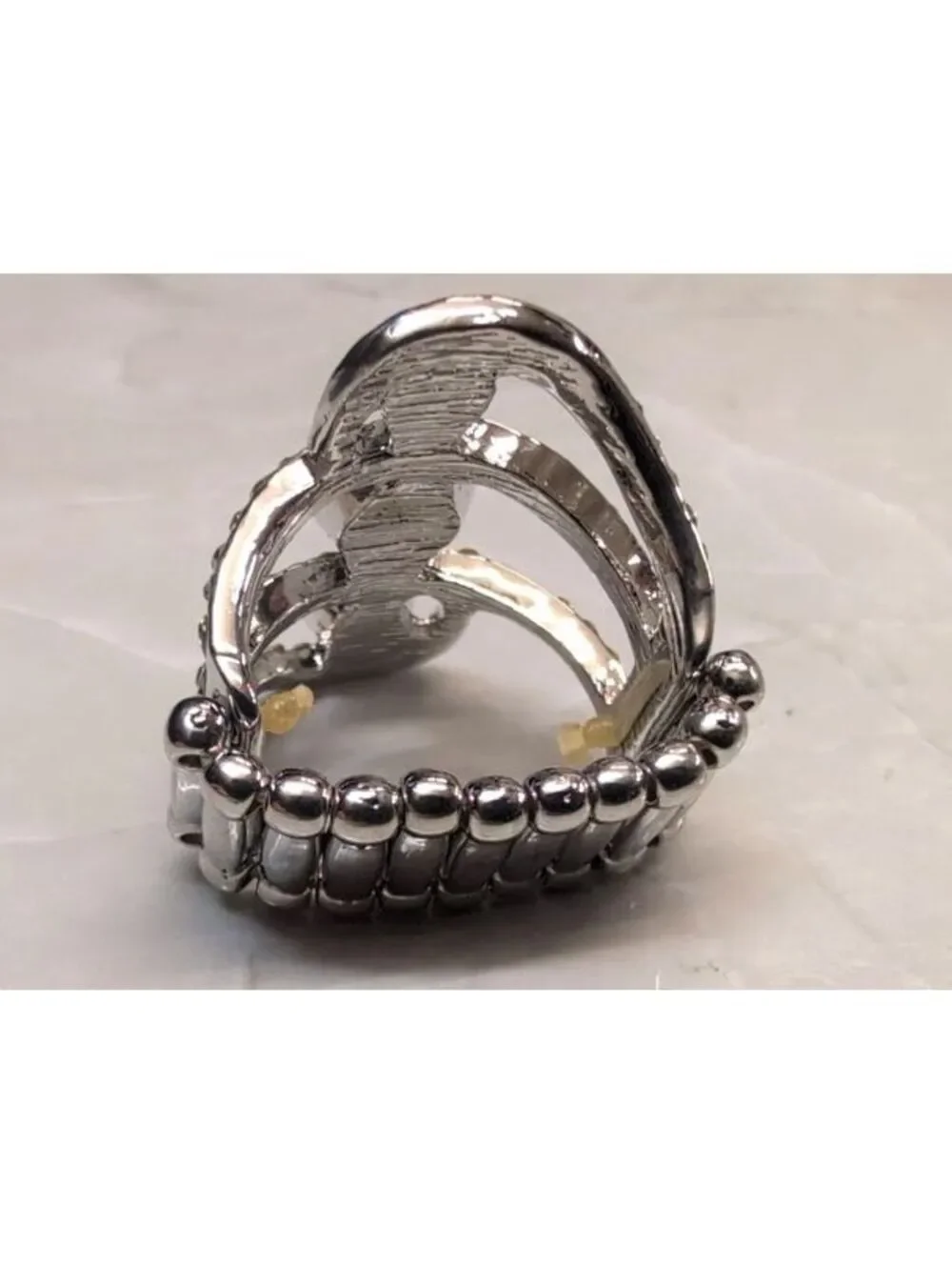 New Adjustable Silver Tone Faux Pearl Accent Stretch Ring Rhinestones Wedding